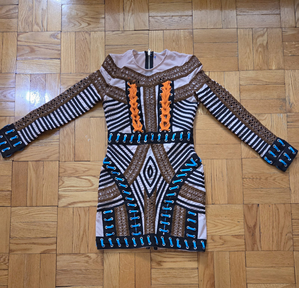 Sz S Multicolor Striped Mesh Bodycon Mini Dress Long Sleeve Lace-Up Zip Stretch